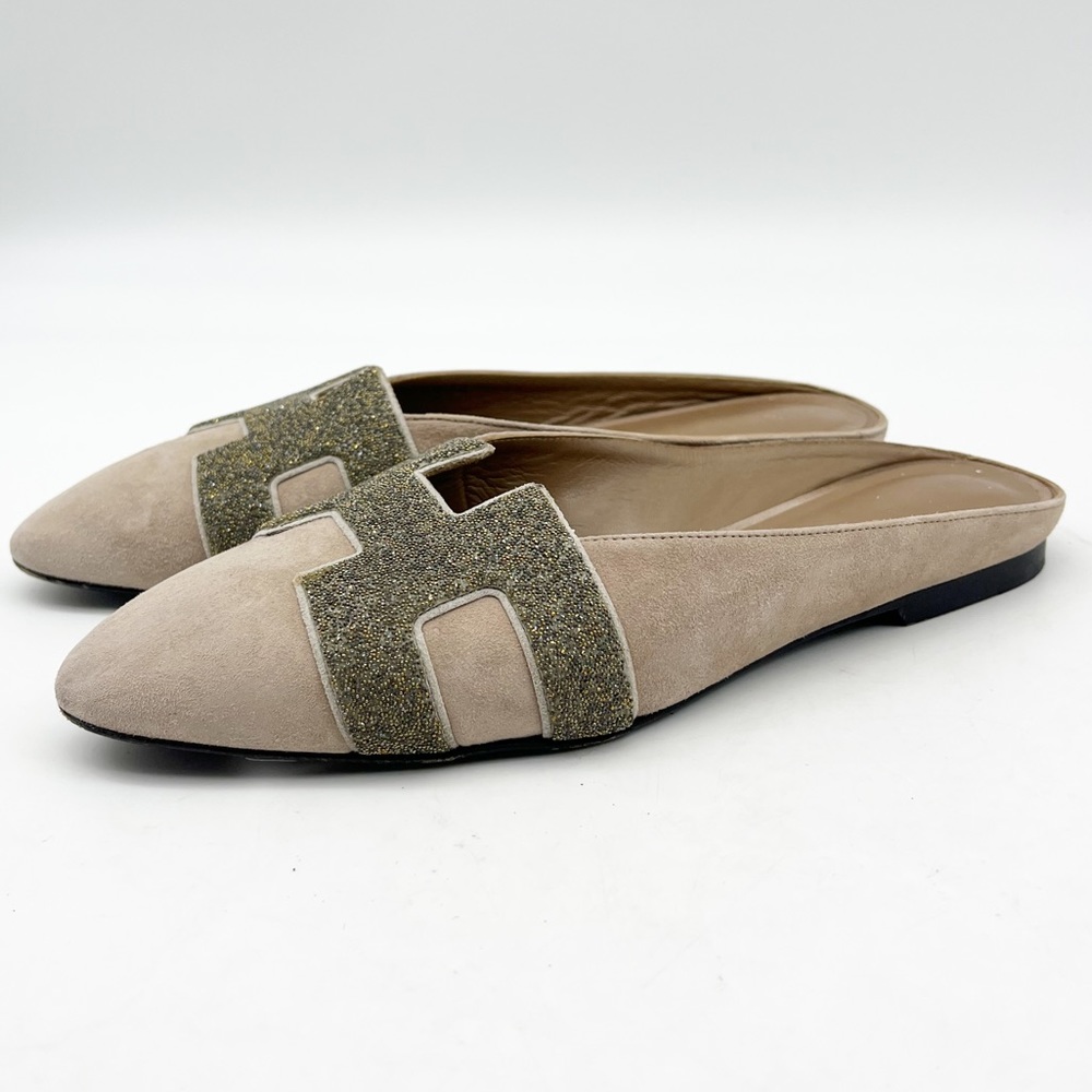HERMES Beige Suede Leather Mules Flats Slip On Shoes Sz 35 1/2 - Picture 3 of 7